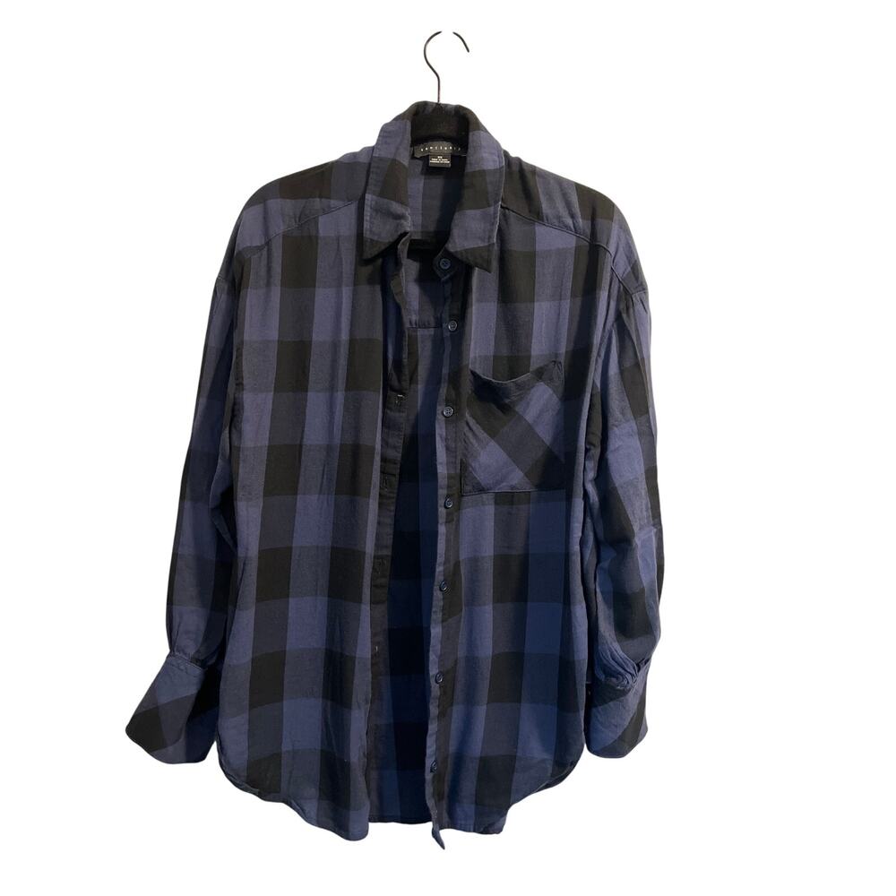 Sanctuary Button Down Plaid Shirt Blue and Black Women's sz. XS Oversized Soft